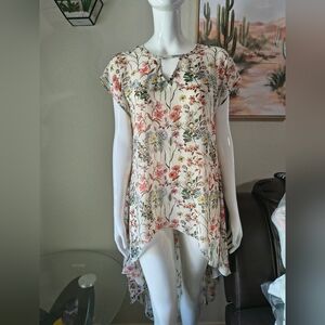 cha cha vente Cream Floral High-Low Tunic with Multi-Color Blooms
